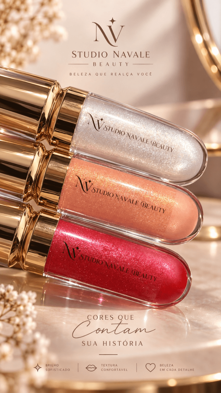 Composição da identidade Studio Navale Beauty em tons de champagne, nude e vermelho